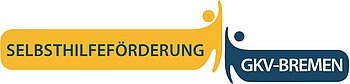 Logo der Selbsthilfeförderung GKV-Bremen: Auf gelbem Hintergrund steht der Schriftzug "Selbsthilfeförderung", daneben auf dunkelblauem Hintergrund "GKV-Bremen". Zwischen den beiden Flächen sind zwei stilisierte, sich berührende Figuren in Gelb und Dunkelblau dargestellt, die symbolisch Zusammenarbeit oder Unterstützung zeigen.