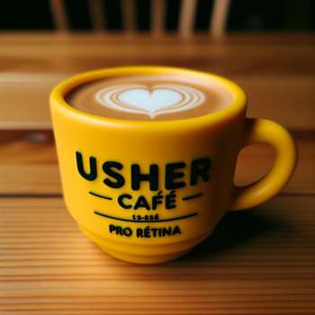 Eine gelbe Kaffee-Tasse mit schwarzem Text Pro-Retina und Usher-Cafe. Die Crema des Kaffees ist in Herzform