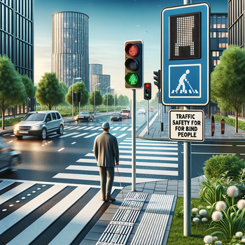 Das Bild zeigt eine städtische Szene zur Verkehrssicherheit für Blinde. Eine Person mit weißem Stock nutzt taktiles Pflaster auf dem Gehweg. Es gibt akustische Signale an der Fußgängerampel. Autos sind an einer roten Ampel gestoppt, moderne Gebäude und Bäume sind im Hintergrund zu sehen. Der Titel "Verkehrssicherheit für blinde Menschen" steht oben im Bild.