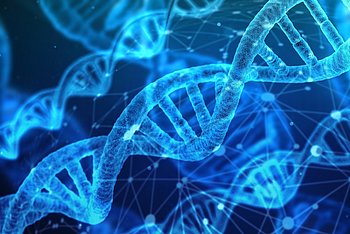 zwei DNA Helix Stränge vor einem blauen Hintergrund