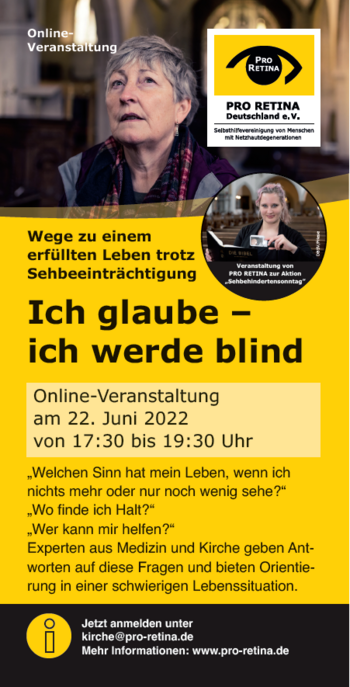 Flyer zum Sehehindertensonntag, Onlineveranstaltung "Ich gllaube ich werde blind"