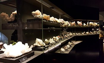 Glasvitrinen im sonst dunklen Raum, in denen die Mineralien hell erstrahlen