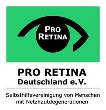 Das Pro Retina Logo, ein schwarzes Auge, befindet sich auf grünem Hintergrund zu LHON-Woche.