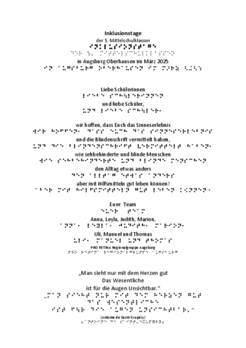 Din-A4 Seite mit Text in Schwarzschrift und Braille-Punktschift