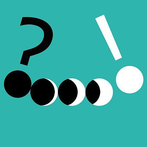 Fragen und Antworten Illustration: Ein schwarzes Fragezeichen gefolgt von Punkten und einem weißen Ausrufezeichen