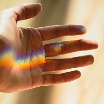 Eine linke Hand, auf der ein Lichtstrahl gebrochen wird. ©Thomas Schultze