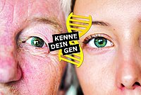 Nahaufnahme zweier Gesichter nebeneinander: Links ist ein älterer Mensch mit hellem Haar und sichtbaren Falten zu sehen, rechts ein jüngerer Mensch. Im Fokus stehen ihre grünen Augen. Zwischen den Gesichtern befindet sich eine stilisierte gelbe DNA-Doppelhelix mit dem Schriftzug „KENNE DEIN GEN“. Das Motiv symbolisiert den Zusammenhang zwischen Genetik, Vererbung und Augengesundheit über Generationen hinweg.