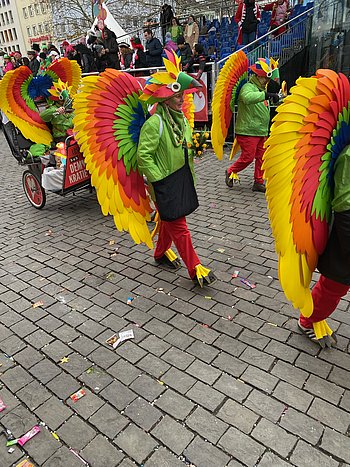 Fußgruppe beim Kölner Schull- und Veedelszöch 2026: Teilnehmende als bunte Vögel mit roter Maske, grünem Schnabel, grüner Jacke, roter Hose und großen Flügeln in Gelb, Rot und Grün. (Foto: Carsten Schmeißer)