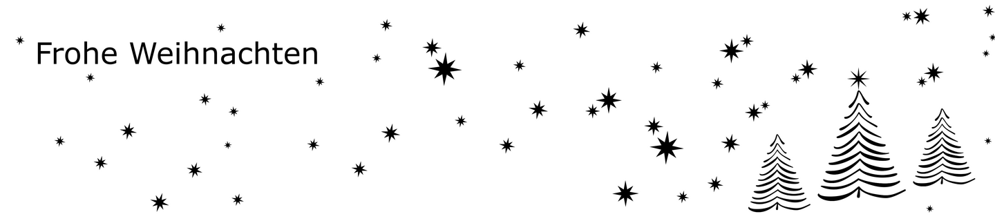 Drei unterschiedlich große, schwarze Tannen, eine mit einem Stern und unterschiedliche Sterne auf weißem Hintergrund.