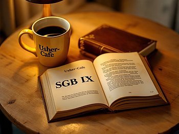 Auf einer gelben Kaffeetasse steht PRO-RETINA und davor liegt ein Buch mit dem Titel SGB iX