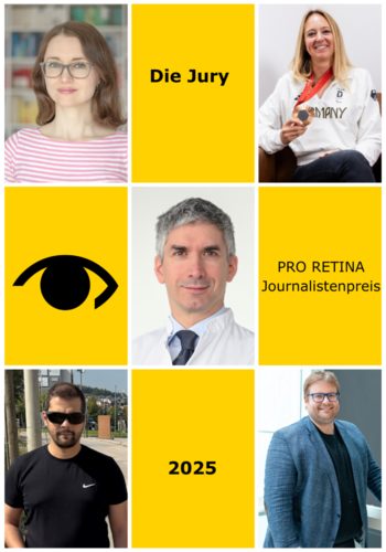 Das Bild zeigt die Porträts der fünf Jurymitglieder des PRO RETINA Journalistenpreises