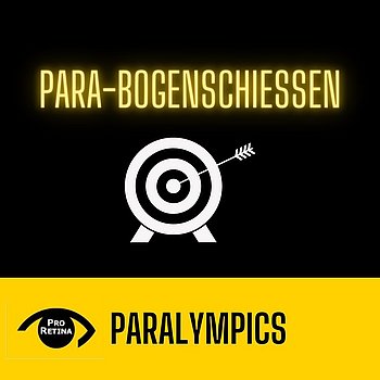 Auf schwarzem Hintergrund ist in Neongelb Paa-Bogenschießen geschrieben. Darunter ist symbolisch in weiß eine Zielscheibe dargestellt. Am unteren Bildrand steht auf gelbem Hintergrund Paralympics geschrieben.