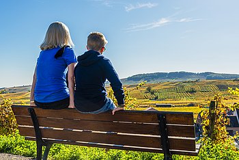 Katrin und Lucas sitzen mit dem Rücken zum Betrachter auf einer Bank in den Weinbergen