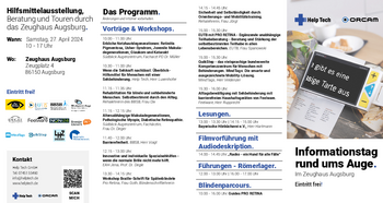 Flyer zur Hilfsmittelausstellung am Samstag, 27.04.2024 in Augsburg Programmflyer der Hilfsmittelausstellung am 27.04.2024 in Augsburg