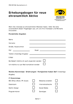 Erhebungsbogen für neue ehrenamtlich Aktive