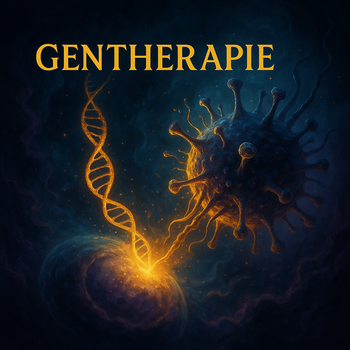 Illustration einer DNA-Helix, die leuchtend von einem Virus in eine Zelle übertragen wird; geheimnisvolle Farbgebung in Gold, Blau und Schwarz mit dem Schriftzug „Gentherapie“.