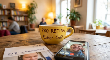 Gelbe Kaffeetasse mit der Aufschrift 'PRO RETINA Usher-Café' auf einem Holztisch in einem Café. Daneben liegen eine EUTB-Broschüre zur Teilhabeberatung und ein Smartphone, das ein lächelndes Gesicht in einem Videoanruf zeigt."