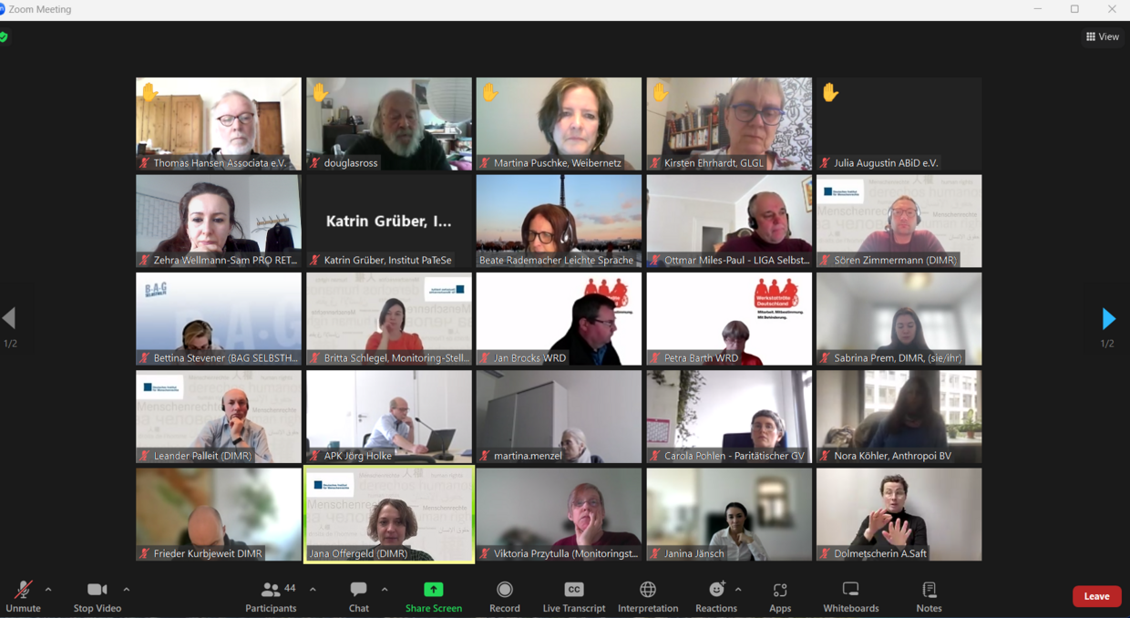 Screenshot mit Teilnehmern der Verbändekonsultation im Format einer Zoom-Konferenz (Online)