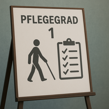 Fotorealistisches Bild eines Präsentationsaufstellers mit der Aufschrift „Pflegegrad 1“. Links auf dem weißen Plakat ist ein Symbol einer Person mit Blindenstock abgebildet, rechts daneben ein Klemmbrett mit fünf abgehakten Punkten. Der Aufsteller steht vor einem ruhigen, grün-blauen Hintergrund.