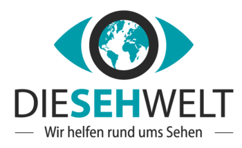 Weltkarte in Form eines Auges und Blau schwarze Schrift mit den Worten: Die Sehwelt - Wir helfen rund ums Sehen -