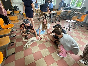 Mehrere junge Menschen in einem Klassenzimmer knien auf dem Boden und streicheln einen liegenden weißen Hund mit rotem Geschirr