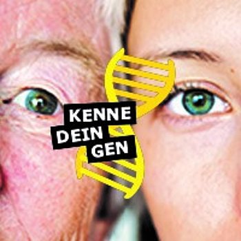 Links ist die Hälfte des Gesichts eines alten Menschen zu sehen, rechts die Hälfte des Gesichts von einer jungen Frau. Dazwischen ist eine gelbe Doppelhelix und darüber der Slogan der Kampagne "Kenne Dein Gen".