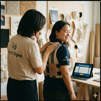 Eine Nahaufnahme von zwei Personen, die hintereinander stehen. Die hintere Person legt ihre Hände flach auf den Rücken der vorderen Person, um haptische Zeichen zu geben. Die vordere Person lächelt entspannt, während sie die Berührungen wahrnimmt. Beide tragen T-Shirts mit dem 'HapticSigns'-Logo.