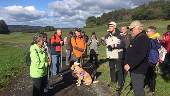 Die Trier Wandergruppe mit zwei Führhunden lässt sich vom Wanderführer die grüne Landschaft unter dem blauen Himmel erklären.