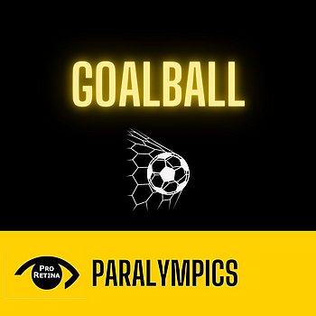 Auf schwarzem Hintergrund ist in Neongelber Schrift Goalball geschrieben. Darunter ist ein weißer Fußball, der ins Netz fällt zu sehen. Die Unterschrift lautet Paralympics.
