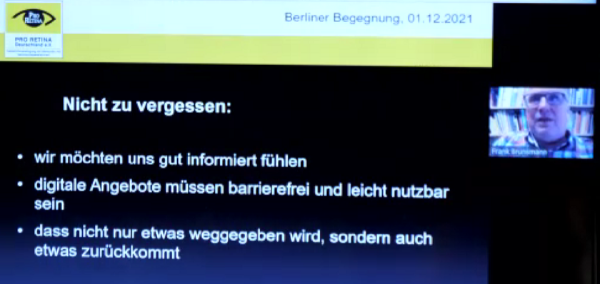 Dr. Frank Brunsmann, PRO RETINA (Foto: ©PRO RETINA) Text einer Präsentation, daneben ein kleines Bild des Referenten, in einer Zoom-Konferenz auf dem Bildschirm.