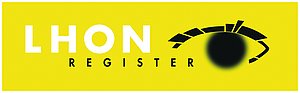 Ein schwarz skizziertes Auge befindet sich auf gelbem Hintergrund, Schriftzug "LHON Register"