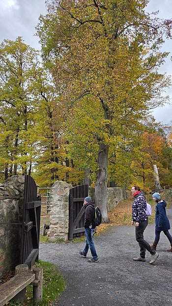 Unsere Gruppe auf dem Wanderweg in der herbstlichen Landschaft
