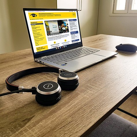 Laptop mit geöffneter PRO-RETINA-Webseite und Headset auf einem Holztisch.