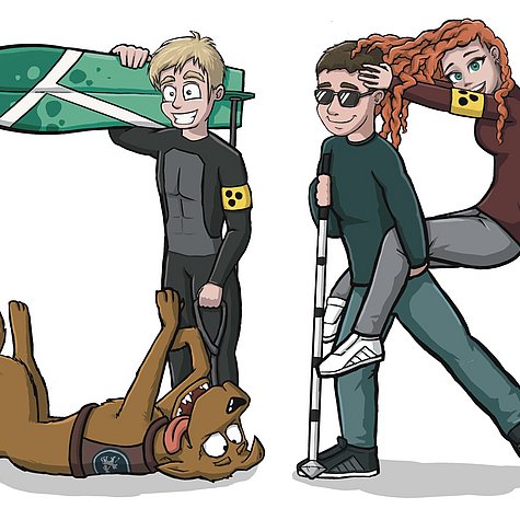 Illustration einer Gruppe mit Blindenstock, Surfbrett und Assistenzhund.
