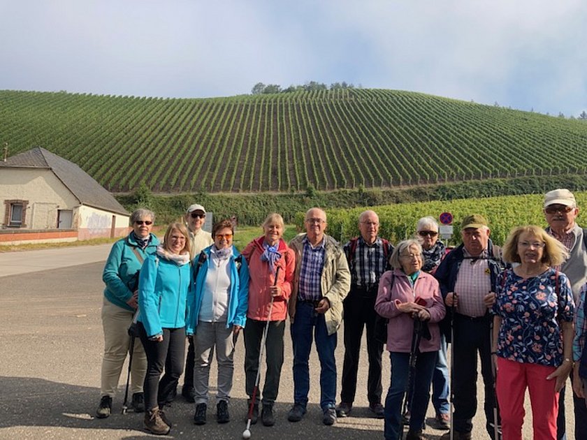 Eine Gruppe von Menschen steht vor einem grünen Weinberg.