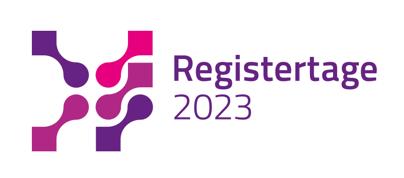 Logo der Registertage 2023 als Wort- Bild Marke in Rot-Lila Tönen